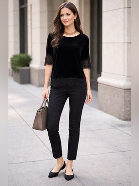 THE LIMITED Women's Black Stretch Velvet Lace Trim 3/4 Sleeve Top L